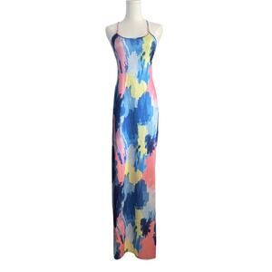 Blue & Pink Sleeveless Strappy Low-Back,‎ Bodycon Maxi Dress Size Large